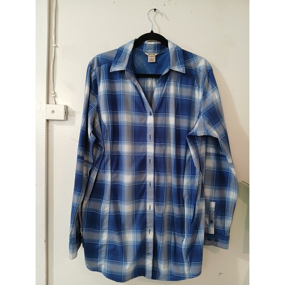 Duluth Trading Co Tops - Duluth Trading Co Plaid Long Sleeve Shirt Women's XL Blue Gray Roll Tab Zippers